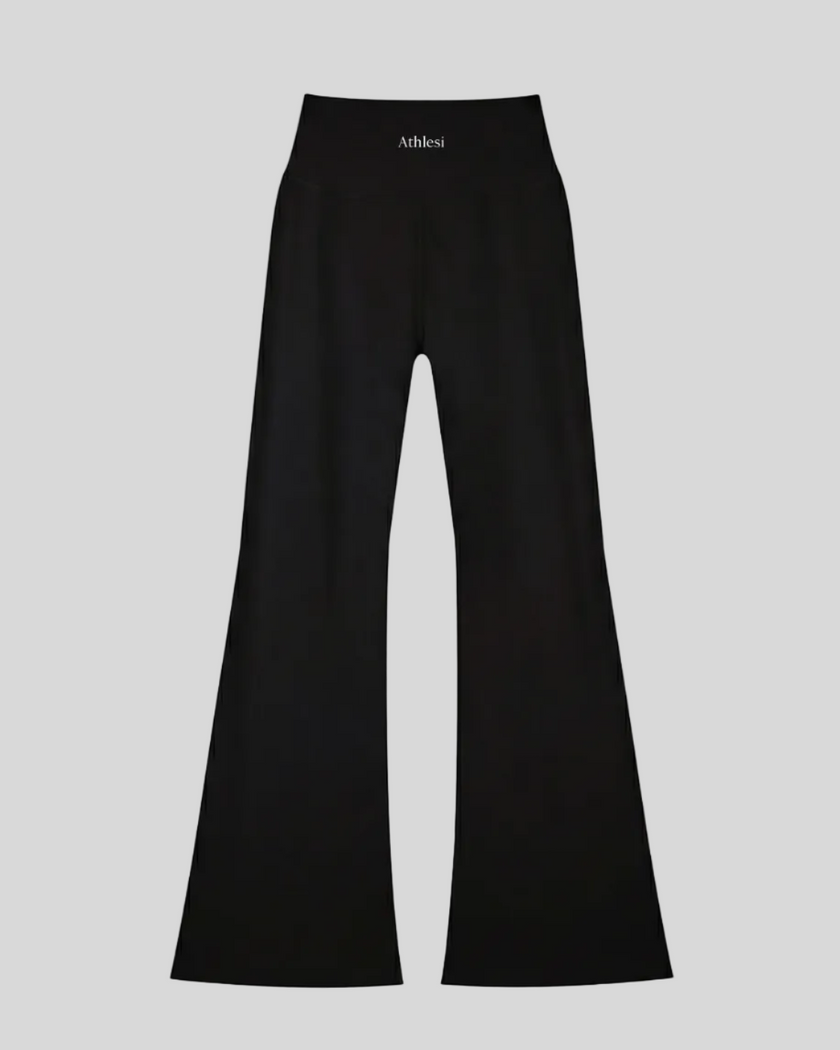 FormLine Flare Leggings in black, flatlay back view, high-waisted fit with flared leg