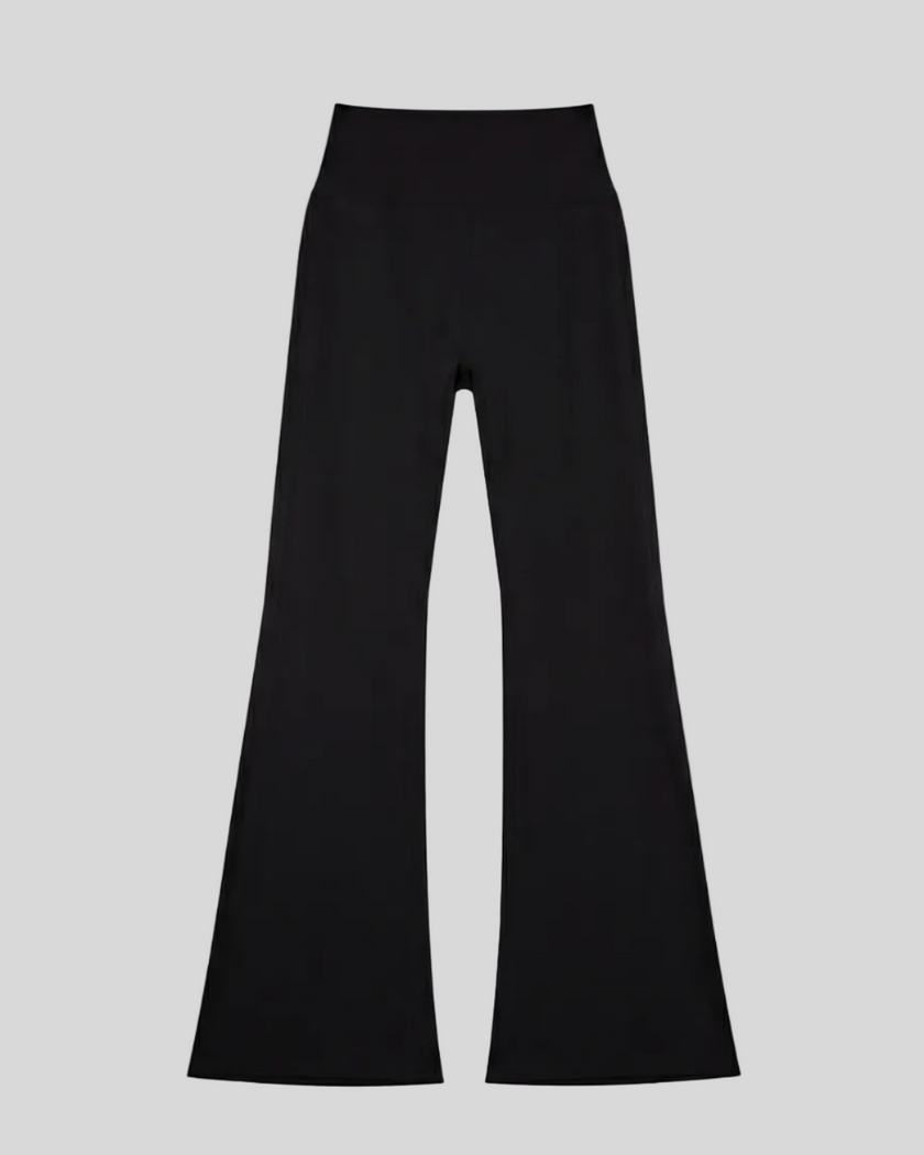 FormLine Flare Leggings in black, flatlay front view, high-waisted flared silhouette