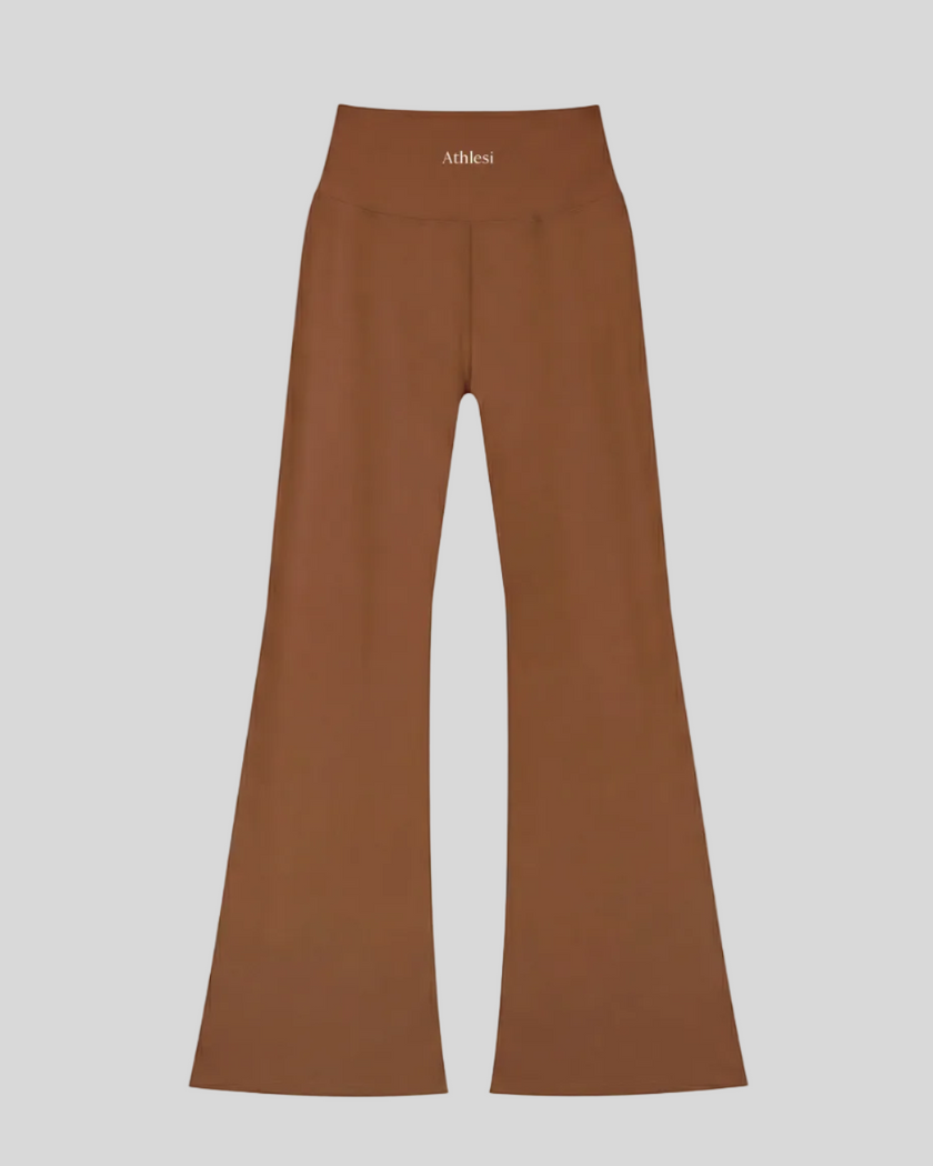 FormLine Flare Leggings in brown, flatlay back view, high-waisted fit with flared leg