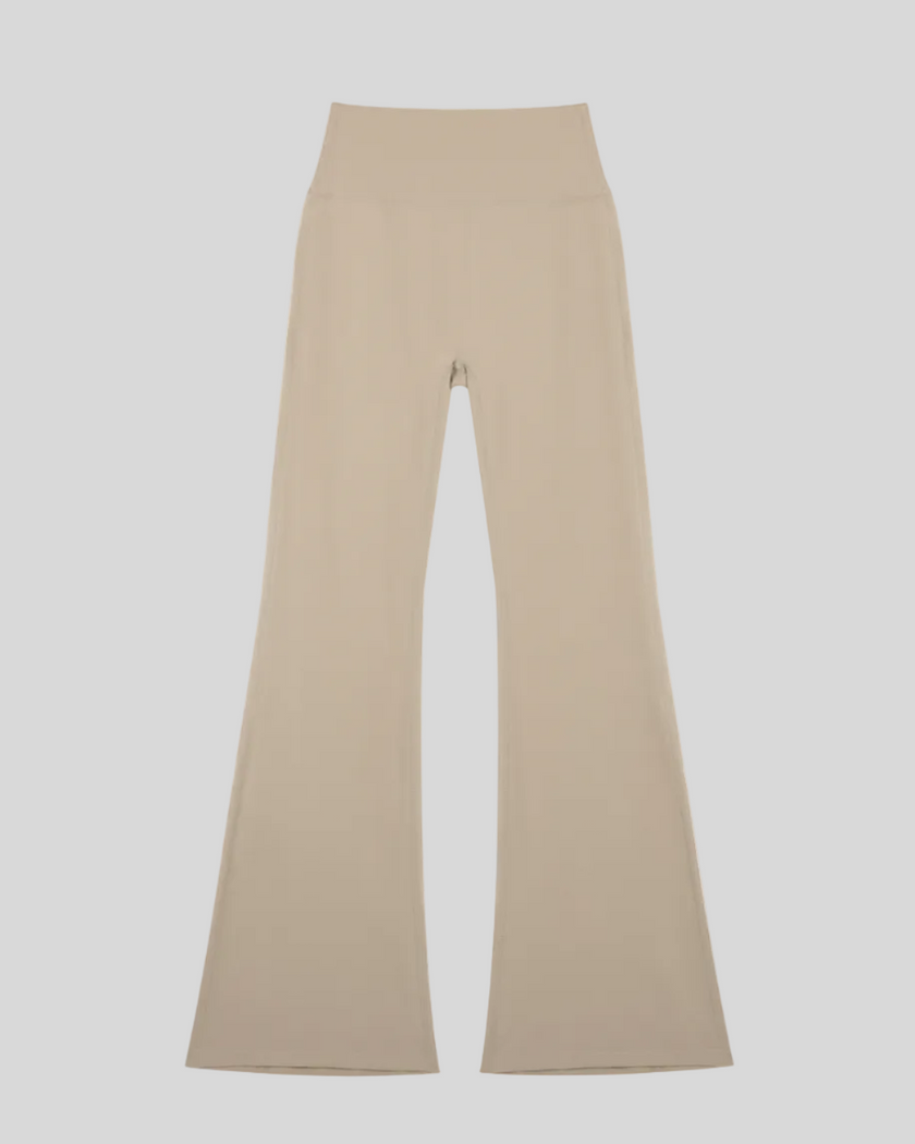 FormLine Flare Leggings in colorful khaki ash, flatlay front view, high-waisted flared silhouette