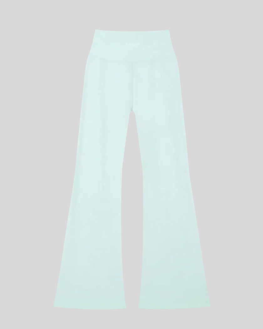 FormLine Flare Leggings in light blue, flatlay back view, high-waisted fit with flared leg
