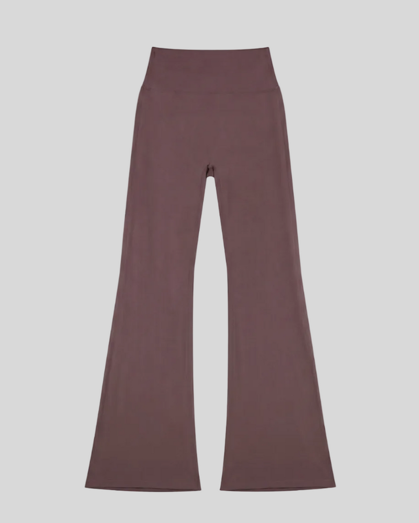 FormLine Flare Leggings in plum purple, flatlay front view, high-waisted flared silhouette