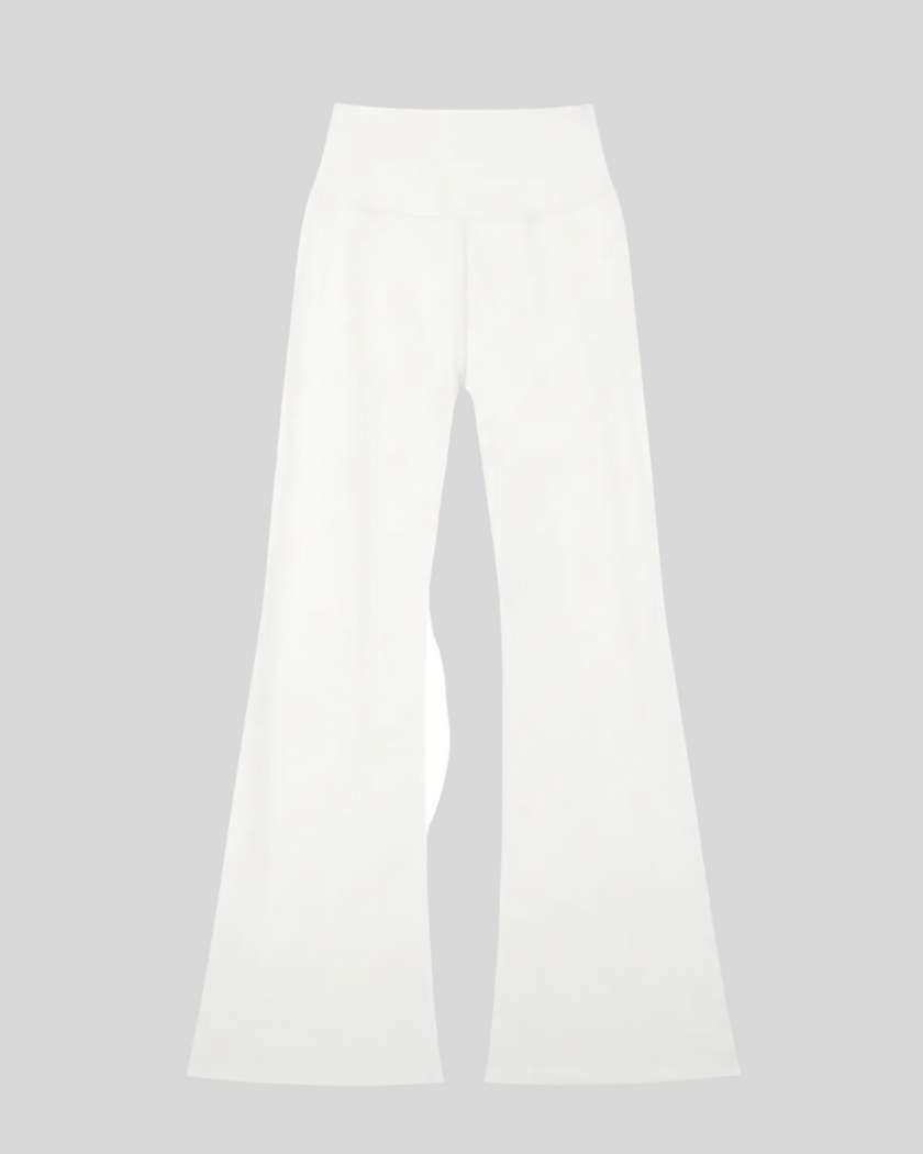 FormLine Flare Leggings in white, flatlay back view, high-waisted fit with flared leg