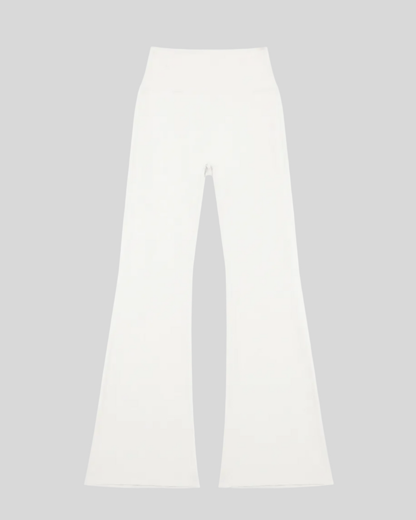 FormLine Flare Leggings in white, flatlay front view, high-waisted flared silhouette