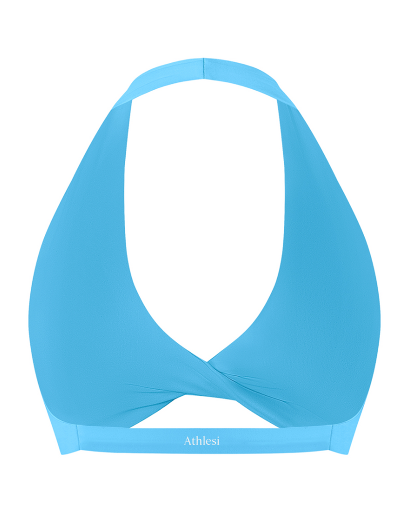 FormLine halter sports bra in blue, 3D back view with open halter design
