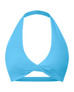 FormLine halter sports bra in blue, 3D front view with deep V neckline