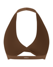 FormLine halter sports bra in brown, 3D back view with open halter design
