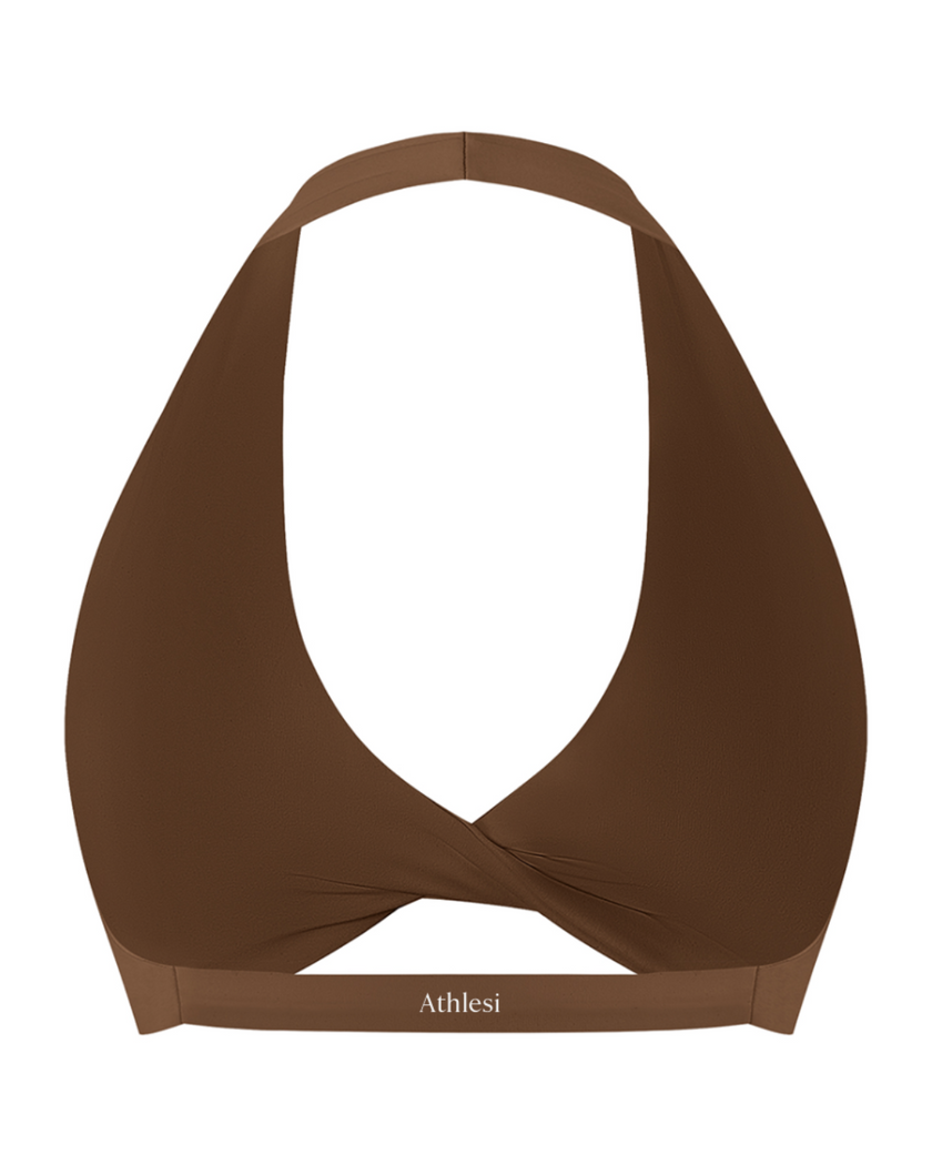 FormLine halter sports bra in brown, 3D back view with open halter design