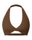 FormLine halter sports bra in brown, 3D front view with deep V neckline