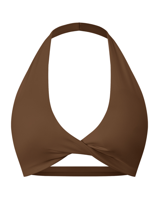 FormLine halter sports bra in brown, 3D front view with deep V neckline
