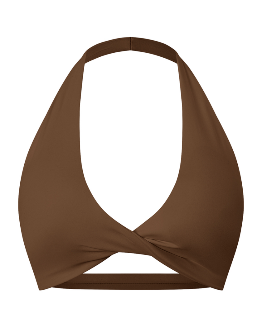 FormLine halter sports bra in brown, 3D front view with deep V neckline