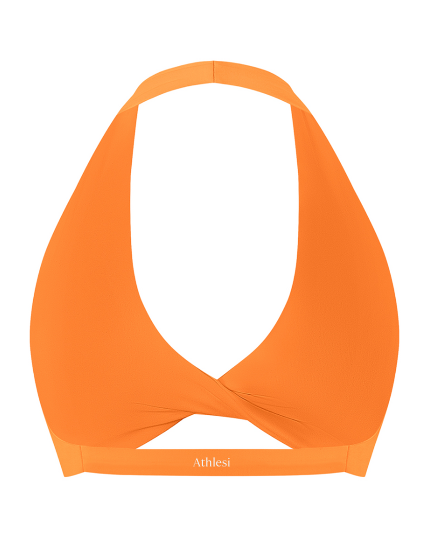FormLine halter sports bra in orange, 3D back view with open halter design