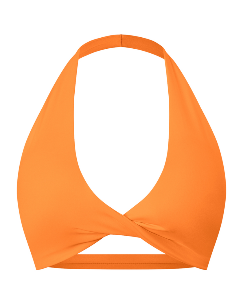FormLine halter sports bra in orange, 3D front view with deep V neckline