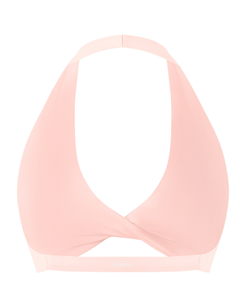 FormLine halter sports bra in pink, 3D back view with open halter design