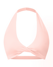 FormLine halter sports bra in pink, 3D front view with deep V neckline