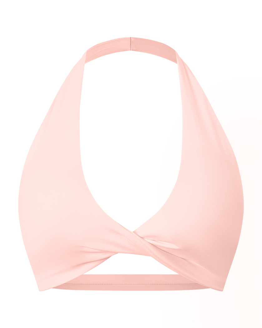 FormLine halter sports bra in pink, 3D front view with deep V neckline