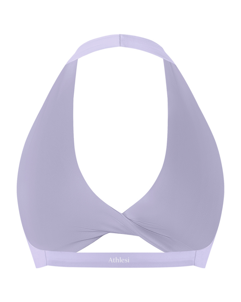 FormLine halter sports bra in purple, 3D back view with open halter design