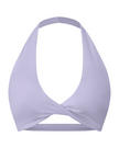 FormLine halter sports bra in purple, 3D front view with deep V neckline