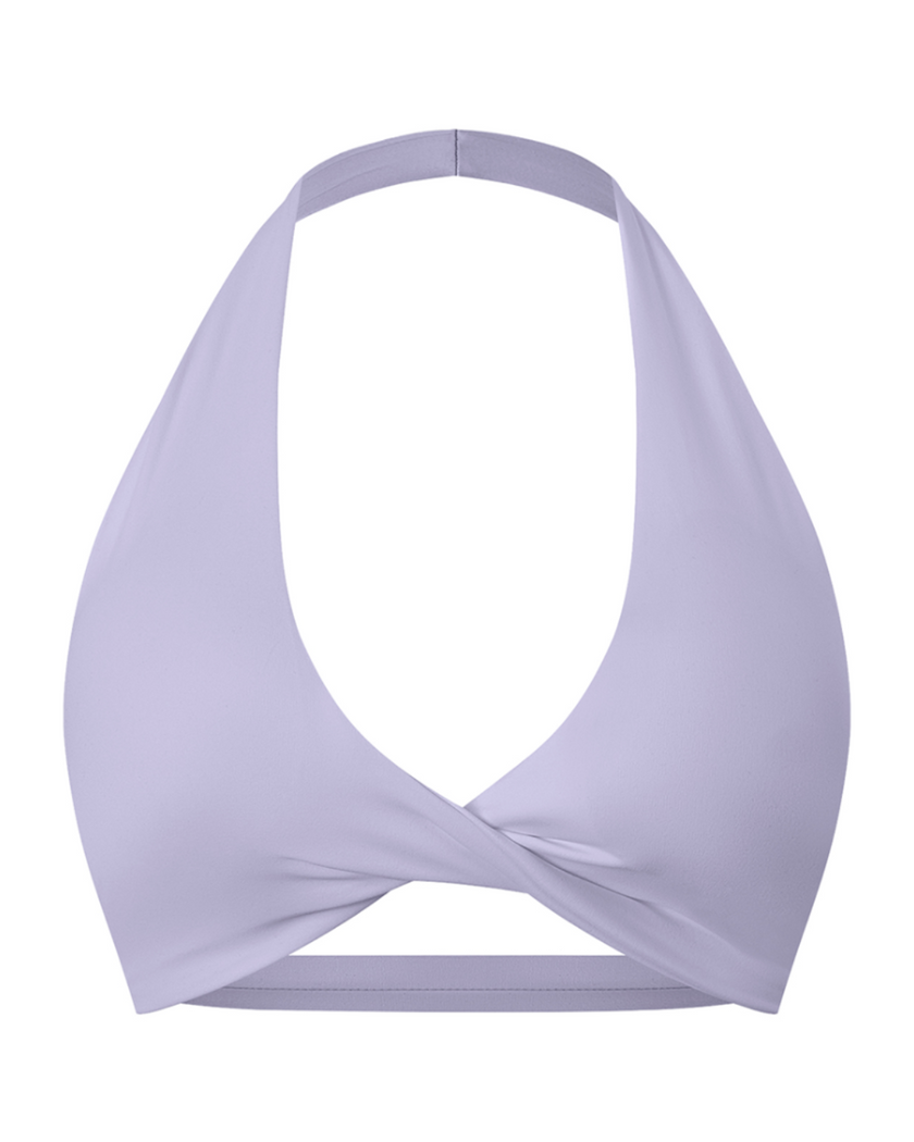 FormLine halter sports bra in purple, 3D front view with deep V neckline