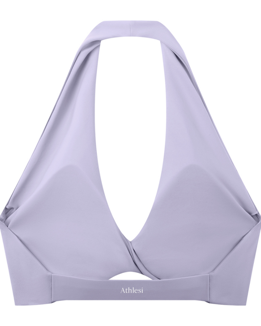 FormLine halter sports bra in purple, flatlay back view with open halter design