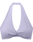 FormLine halter sports bra in purple, flatlay front view with deep V neckline