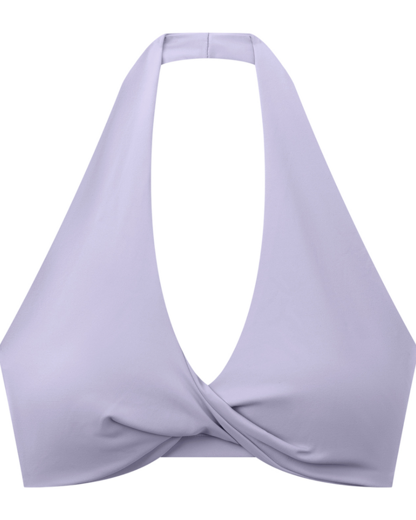 FormLine halter sports bra in purple, flatlay front view with deep V neckline