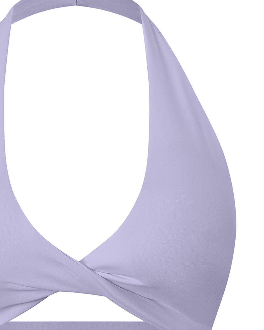 Close-up of FormLine halter sports bra front pleating and neckline