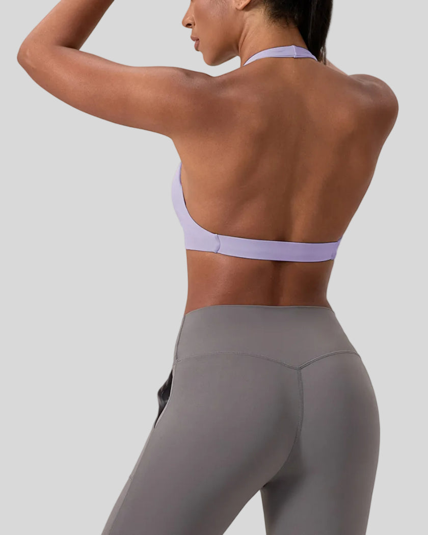 FormLine halter sports bra angled back view showing halter silhouette