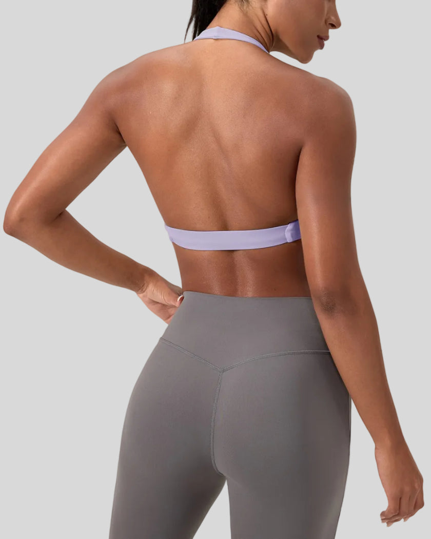 FormLine halter sports bra back view worn on upper body