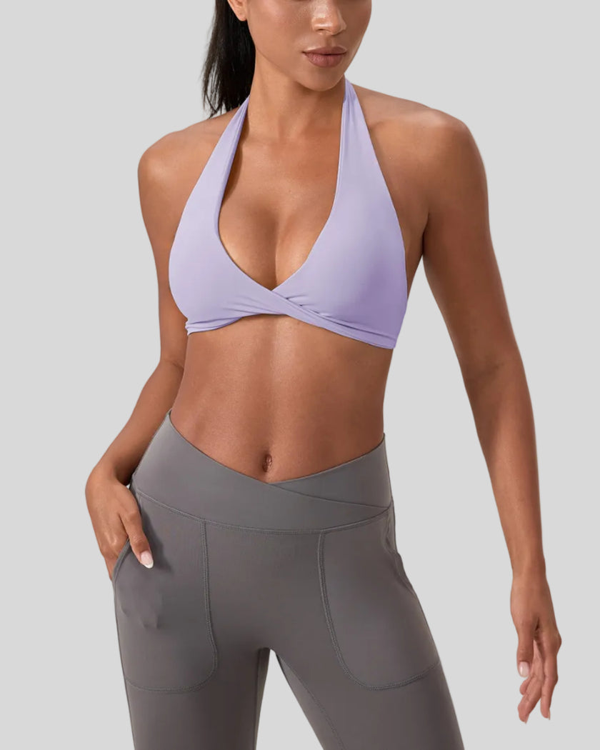 FormLine halter sports bra front view worn on upper body showing V-neck fit