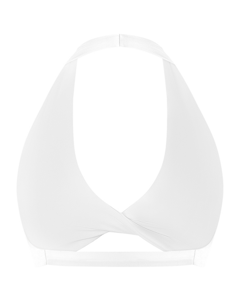 FormLine halter sports bra in white, 3D back view with open halter design