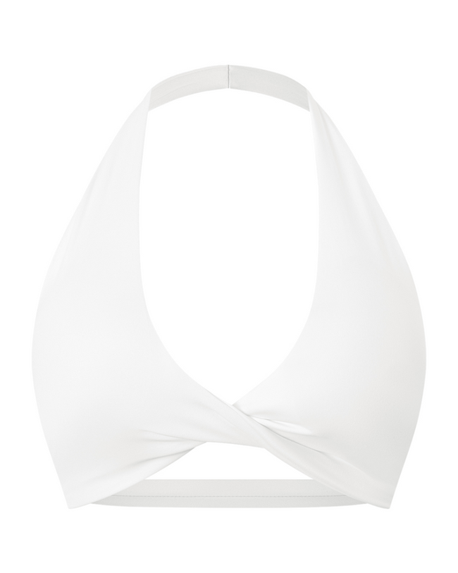 FormLine halter sports bra in white, 3D front view with deep V neckline