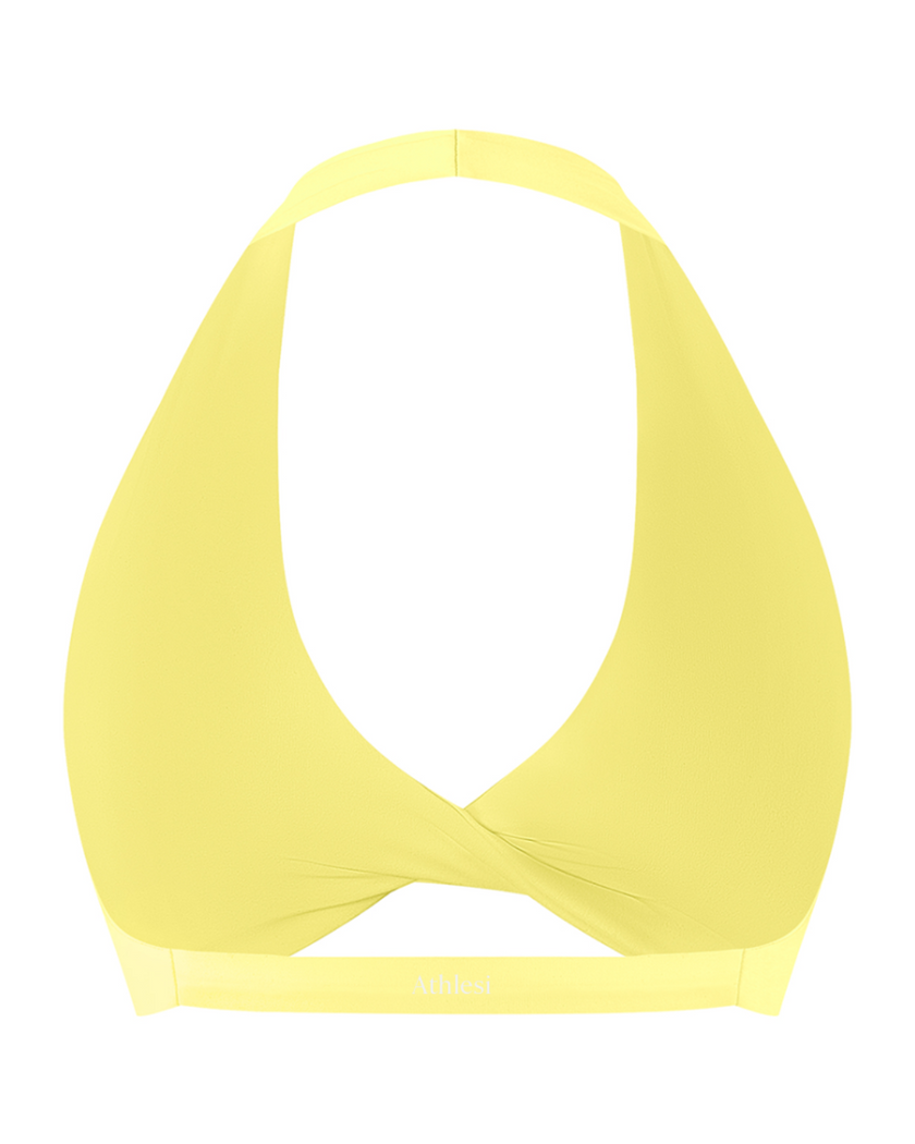 FormLine halter sports bra in yellow, 3D back view with open halter design
