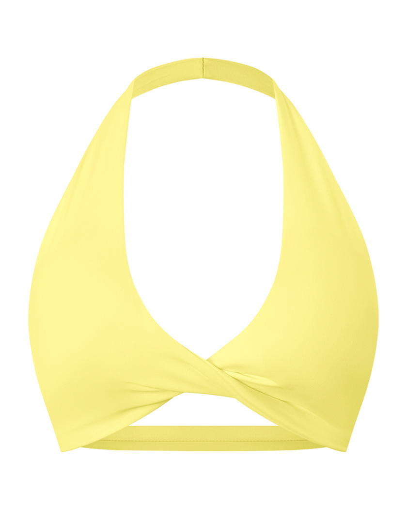 FormLine halter sports bra in yellow, 3D front view with deep V neckline
