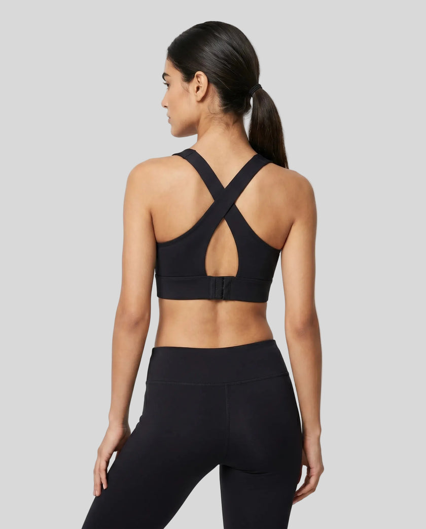 Back view of the FormLine Twist Sports Bra in black, highlighting the cross-back design
