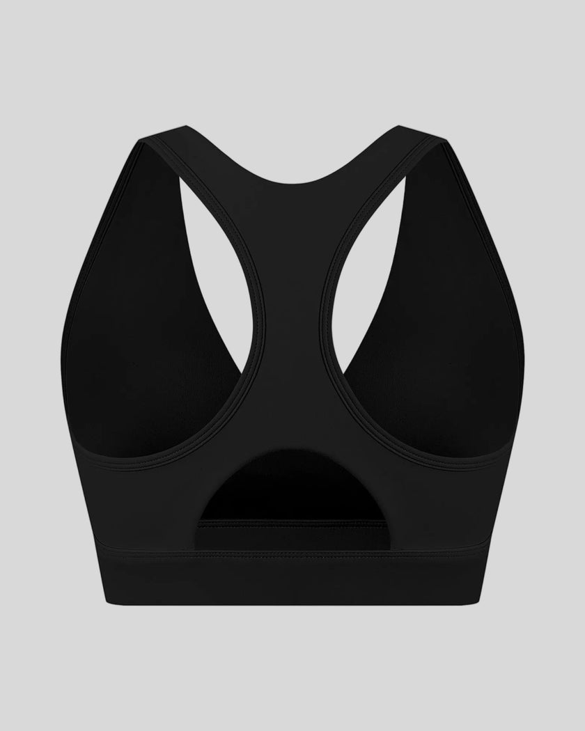 FormLine wrap sports bra in black, 3D back view with clean racerback silhouette