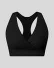 FormLine wrap sports bra in black, 3D front view with crossover V-neck design