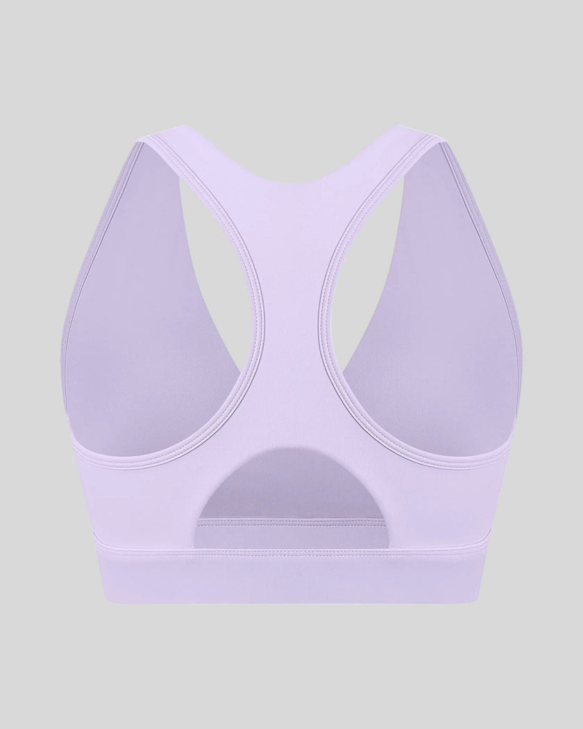 FormLine wrap sports bra in purple, 3D back view with clean racerback silhouette
