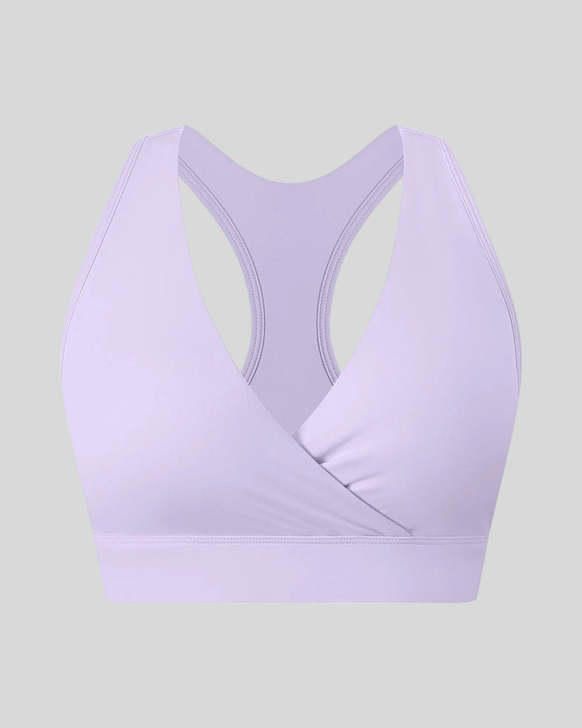 FormLine wrap sports bra in purple, 3D front view with crossover V-neck design