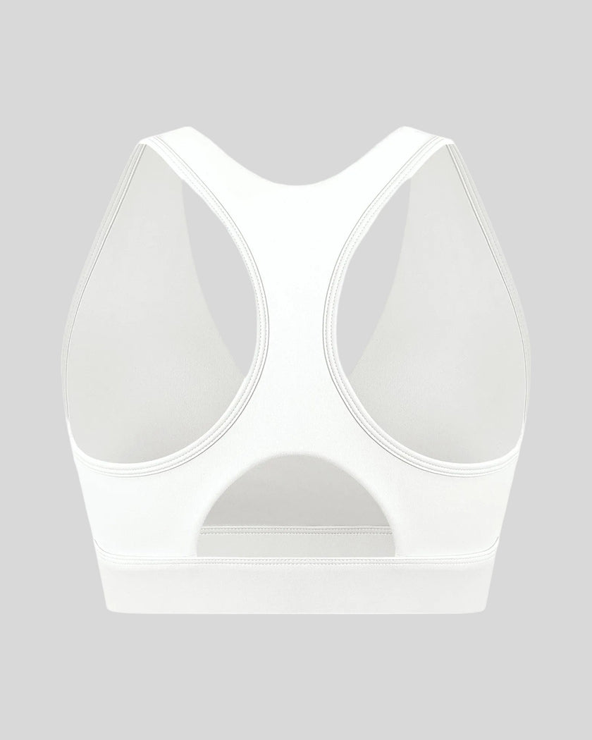 FormLine wrap sports bra in white, 3D back view with clean racerback silhouette
