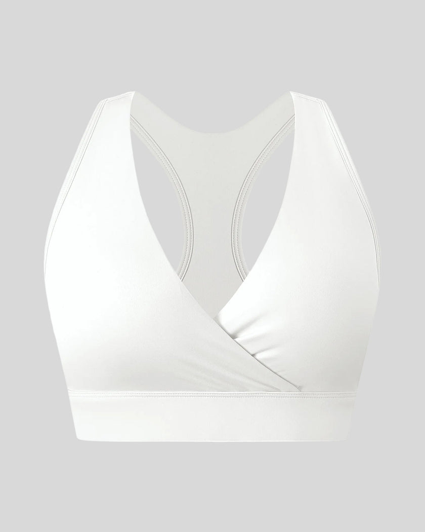 FormLine wrap sports bra in white, 3D front view with crossover V-neck design