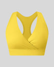 FormLine wrap sports bra in yellow, 3D front view with crossover V-neck design
