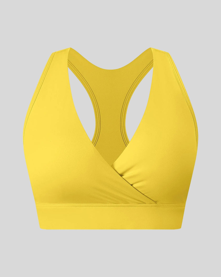 FormLine wrap sports bra in yellow, 3D front view with crossover V-neck design