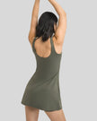 Back view of FormMove Active Dress in army green with clean sleeveless design