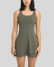 Sleeveless FormMove Active Dress in army green with square neckline and streamlined silhouette