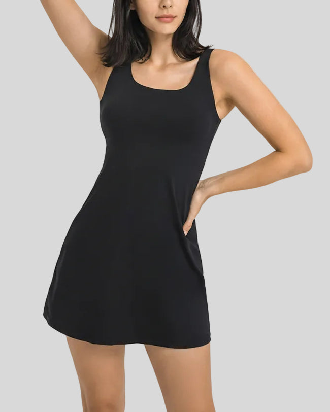 Sleeveless FormMove Active Dress in black with square neckline and streamlined silhouette