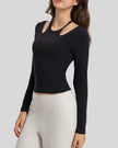 Angled front view highlighting halter neckline and ribbed texture of Athlesi HaloContour top in black