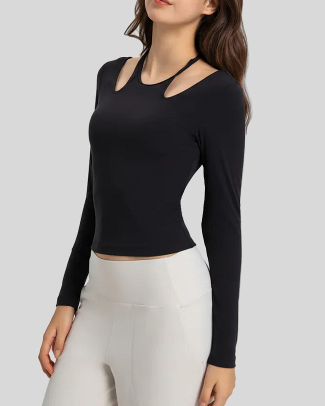 Angled front view highlighting halter neckline and ribbed texture of Athlesi HaloContour top in black