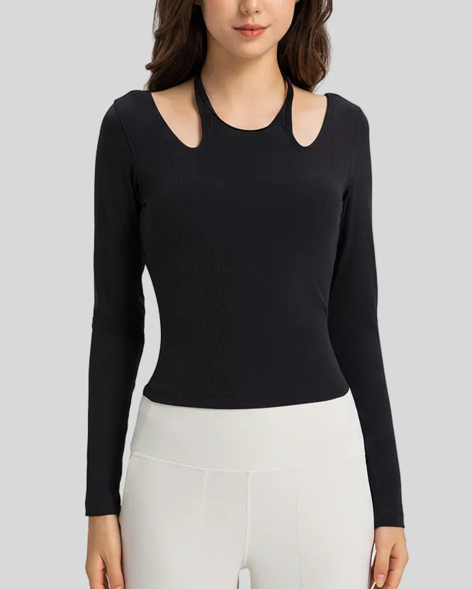 Front view of Athlesi HaloContour halter long sleeve top with ribbed fabric and fitted silhouette in black