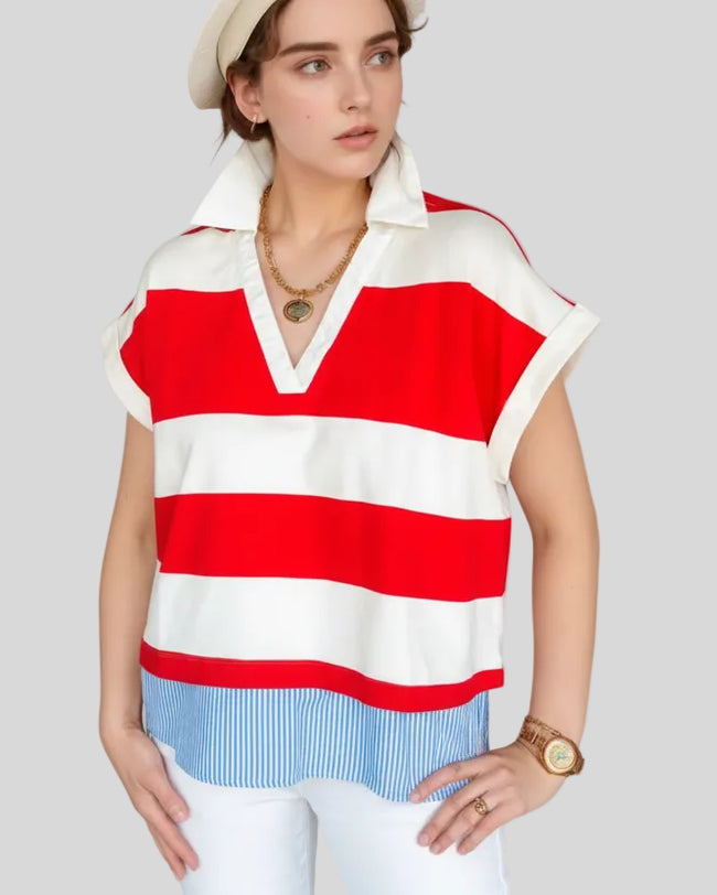 HarborStripe relaxed red stripe top front view with V-neck collar and layered hem